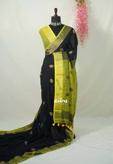 kannamma Handwoven Ballbutta linen Black with yellow pallu - singer chitra saree