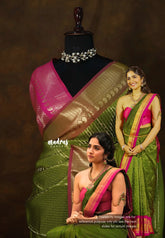 Olive Green - Ahaana - Kantara Rukmini inspired Semi Silk with Zari Border - Perfect for Wedding Functions
