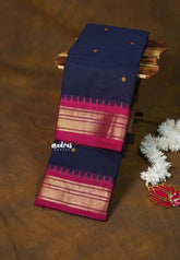 Navy Blue - Karthigai silk cotton with buttas small Bavanji Flower border - Best for Gifting