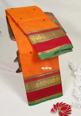 Orange - Karthigai Mercerised cotton Multiline with Mayil Border and Buttas - Best for Pooja Functions