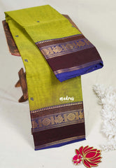 Dual Shade Chutney Green - Karthigai Mercerised cotton Multiline with Mayil Border and Buttas - Best for Pooja Functions