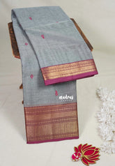 Light Bluish Grey - Karthigai Mercerised Cotton Getti zari with Stripes in Border and Buttas - Best for Pooja Wear | Festive Wear