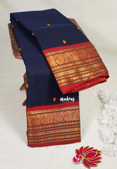 Navy Blue & Red - Karthigai Mercerised cotton buttas with mango and floral border - Best for Wedding Functions