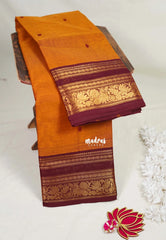 Turmeric Orange - Karthigai Mercerised cotton Rettapet Rudraksham, Mayil Border and Buttas - Best for Pooja Functions