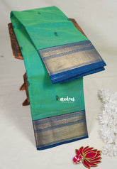 Aqua Green&Mango Buttas - Karthigai Mercerised Cotton Bavanji Flower Border with Buttas - Best for Pooja Funtions | Temple Visit