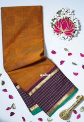 Mustard Brown - Karthigai Mercerised Cotton Plain with Checks in Border - Best for Small Functions