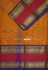 Orangish Yellow - Karthigai Mercerised Cotton Plain with Rettapet Mayil Border - Best for Temple Visit | Pooja Functions