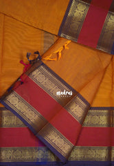 Orangish Yellow - Karthigai Mercerised Cotton Plain with Rettapet Mayil Border - Best for Temple Visit | Pooja Functions