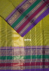 Yellowish Green - Karthigai Mercerised Cotton Plain Saree Annam with Multi Color Border - Best for Temple Visit | Pooja Functions