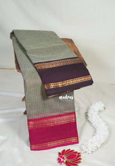 Pepple Grey - Karthigai Mercerised Cotton Saree Zari Stripes with Ganaga Jamuna Border - Best for Temple Visit | Pooja Funtions