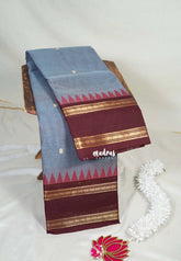 Bluish Grey - Karthigai Mercerised Cotton Rettapet Border with Buttas - Best for Temple Visit | Pooja Funtions