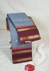 Bluish Grey - Karthigai Mercerised Cotton Rettapet Border with Buttas - Best for Temple Visit | Pooja Funtions