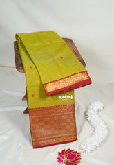 Yellowish Green - Karthigai Mercerised Cotton Multi Checks Border with Buttas - Best for Temple Visit | Pooja Funtions