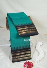 Teal with Black - Karthigai Mercerised Cotton Stripes with Small Mango Border - Best for Temple Visit | Pooja Funtions