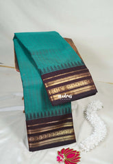 Teal with Brown - Karthigai Mercerised Cotton Stripes with Small Mango Border - Best for Temple Visit | Pooja Funtions