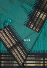 Teal with Black - Karthigai Mercerised Cotton Stripes with Small Mango Border - Best for Temple Visit | Pooja Funtions