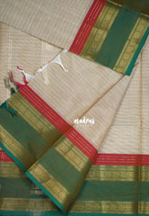 Biscuit Beige - Karthigai Mercerised Cotton Stripes with Rettapet Rudraksham Border - Best for Temple Visit | Pooja Functions