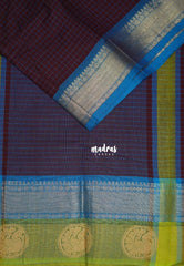 Paaku Brown - Karthigai Mercerised Cotton Checks with Rudraksham and Round Peacock Border - Best for Temple Visit | Pooja Functions