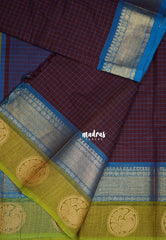 Paaku Brown - Karthigai Mercerised Cotton Checks with Rudraksham and Round Peacock Border - Best for Temple Visit | Pooja Functions
