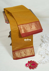 Mustard Yellow - Karthigai Mercerised Cotton Zari Stripes with Gandaberunda Border - Best for Temple Visit | Pooja Functions