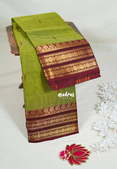 Chutney Green - Karthigai Mercerised Cotton Rudraksham and Mango Tri-Line Border with Buttas - Best for Temple Visit | Pooja Functions