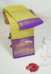 Light Green - Karthigai Mercerised Cotton Checks with Small Bavanji and Flower Border - Best for Temple Visit | Pooja Functions