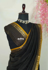 Jet Black - Karthigai silk cotton with golden stripes weaving - Best for Small Functions
