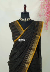 Jet Black - Karthigai silk cotton with golden stripes weaving - Best for Small Functions