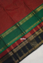 Kumkum Maroon - Karthigai silk cotton Rettapet Rudraksham Ganga jamuna border with Stripes body - Best for Festive Wear