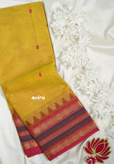 Muted Mustard Yellow - Karthigai silk cotton multi Rudraksham with Temple Boder with Buttas - Best for Temple Visit