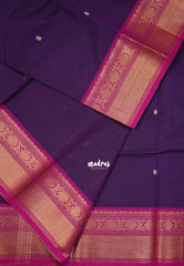 Dark Purple - Karthigai silk cotton bavanji floral border with buttas - Best for Festive Wear | Temple Visit