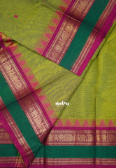 Sap Green - Karthigai silk cotton temple mayil mango multi border - Best for Wedding Functions