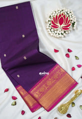 Dark Purple - Karthigai silk cotton bavanji floral border with buttas - Best for Festive Wear | Temple Visit