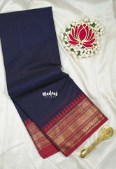 Navy Blue - Karthigai silk cotton small Bavanji Flower border - Perfect for Small Funtions