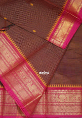 Brown - Karthigai Silk Cotton Muthu Kattam Mayil, Rudraksham Border with Buttas - Best for Wedding Functions | Temple Visit