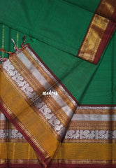 Classic Green - Karthigai silk cotton small Bavanji, Mayil and Rudraksham Big Border - Best for Wedding Functions