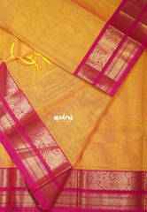 Orangish Yellow - Karthigai Silk Cotton Plain with Mango, Flower and Rudraksham Border - Best for Wedding Functions
