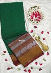 Classic Green - Karthigai silk cotton small Bavanji, Mayil and Rudraksham Big Border - Best for Wedding Functions