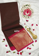 Deep Coffee Brown - Karthigai silk cotton Plain Getti zari with Stripes border - Best for Small Functions
