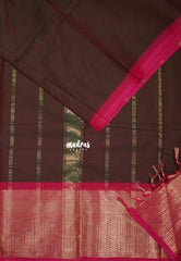 Deep Coffee Brown - Karthigai silk cotton Plain Getti zari with Stripes border - Best for Small Functions