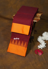 Dark Maroon - Karthigai silk cotton plain body with plain border with temple - Best for Gifting