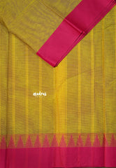 Yellowish Green - Karthigai silk cotton plain body with plain border with temple - Best for Gifting