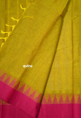 Yellowish Green - Karthigai silk cotton plain body with plain border with temple - Best for Gifting