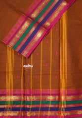 Earthy Brown - Karthigai silk cotton multicolor rudraksham border with buttas - Best for Gifting