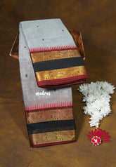 Steel Grey - Karthigai silk cotton rettapeta yanai mayil border with buttas - Best for Wedding Functions