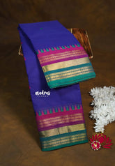 MS Amma Blue - Karthigai silk cotton multicolor rudraksham border with buttas - Best for Wedding Functions