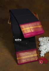Jet Black - Karthigai silk cotton mayil getti border with Buttas - Best for Wedding unctions