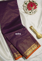 Dark Jamun Purple - Karthigai silk cotton with golden stripes weaving - Best for Small Functions