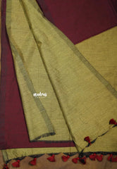 khadi contrast pallu Maroon with Khaki and kalamkari Double Blouse Combo - Perfect for office Wear