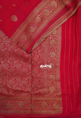 Reddish Pink - Durga - Traditional Banarasi Khadi Georgette Silk Saree Floral Border & Buttas with Rich Pallu - Perfect for Diwali Festive | Wedding Functions
